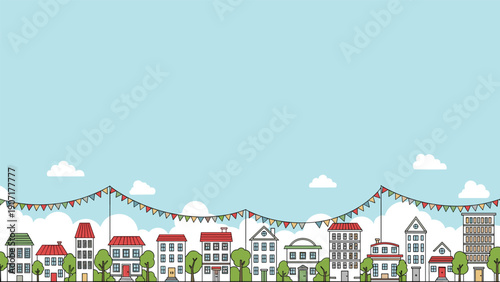 Charming row of colorful town houses is decorated with festive bunting flags under a clear blue sky for a celebration.