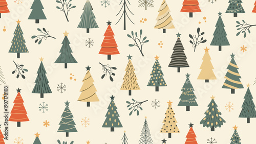 Festive seamless pattern displays a variety of stylized Christmas trees and delicate white snowflakes on a beige background.