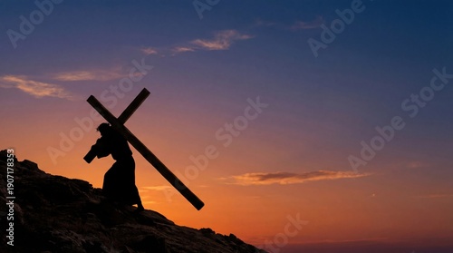 Silhouette of a person carrying a large wooden cross on a hill against a vibrant sunset sky, symbolizing faith and sacrifice.