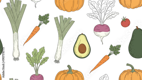 Colorful seamless pattern featuring hand drawn vegetables like pumpkins carrots radishes and avocados on a white background.