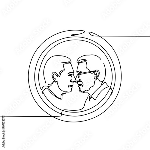 Camera lens focusing on an elder pair one line illustration