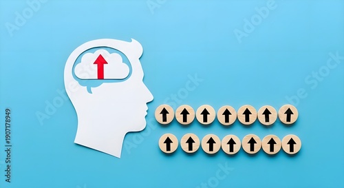 Creative Brainstorming Process: Paper head profile with red arrow in brain and wooden blocks, intellectual growth, decision making, idea development, psychology and mental training concept