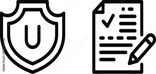 Higher education university admission icons featuring academic shield and student application form for university enrollment process