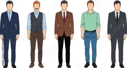 Flat vector illustration set featuring five men's outfits in a variety of modern professional and smart-casual office styles