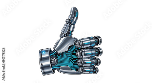 Robotic hand pointing upwards with glowing blue circuits