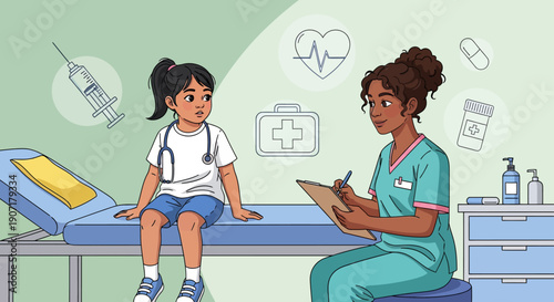 Young girl receiving medical care from professional nurse in clinic