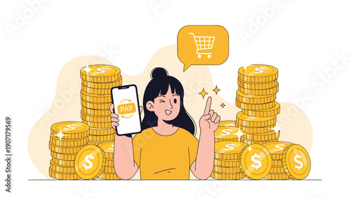 Smiling girl holds a phone for mobile payments while standing in front of large stacks of golden coins for commerce.