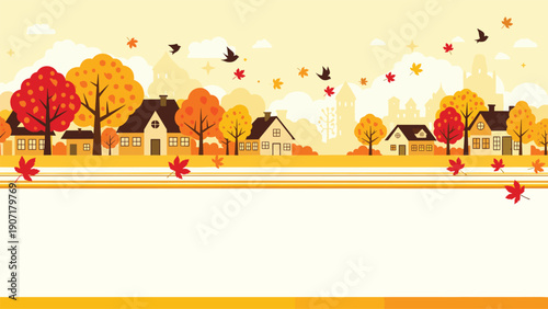 Scenic autumn landscape shows a row of houses and colorful trees with a wide blank space for custom text messages.