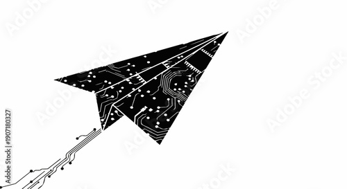Futuristic paper airplane crafted from circuit board elements soars through the digital sky.
