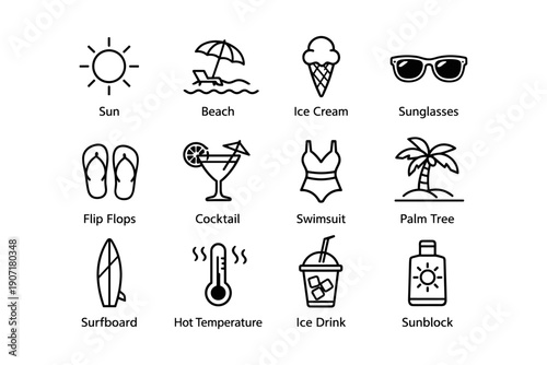 Summer vacation icons: sun, beach, ice cream, sunglasses, and more