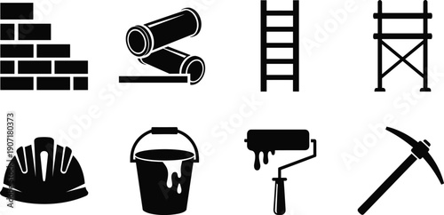 Construction tools and equipment icons set bricks ladder scaffolding helmet paint roller bucket pickaxe cad drawing flat vector illustration