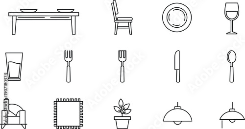A collection of minimalist line art icons for dining, kitchenware, and home accessories in a simple style.