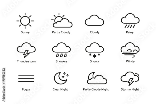 Weather icons set: sunny, cloudy, rainy, and more