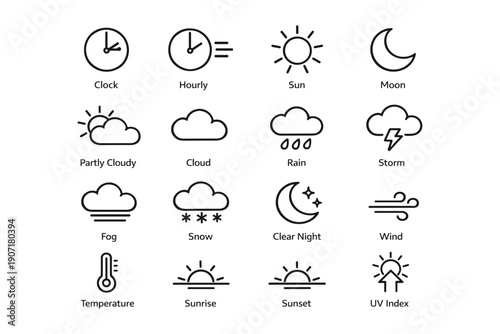 Weather icons set including sun, moon, cloud, rain, and snow