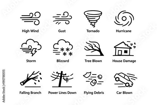 Weather icons illustrating storms, tornadoes, and natural disasters in simple line art