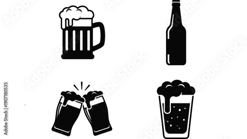 Beer icons silhouette set, mug bottle pint glass vector illustration, clinking glasses design, beverage drink symbol flat vector