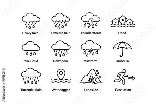 Weather symbols: rain, thunderstorm, flood, umbrella, landslide, evacuation