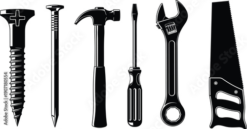 Construction tools silhouettes hammer wrench saw screwdriver nail screw cad drawing flat vector illustration isolated black shapes set