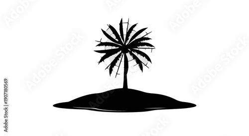 Solitary palm tree on a small island, symbolizing isolation and tropical escape.