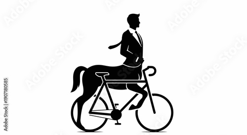 Creative businessman with horse body riding a bicycle, symbolizing progress and hybrid solutions.