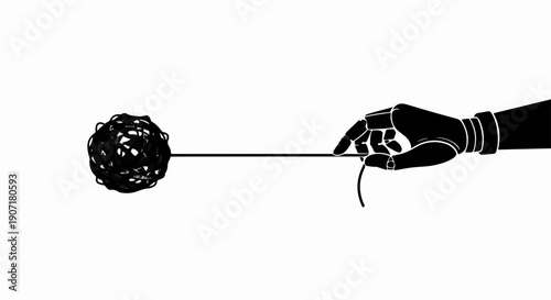 Robotic hand delicately holds a tangled thread, symbolizing complex creation or problem-solving.