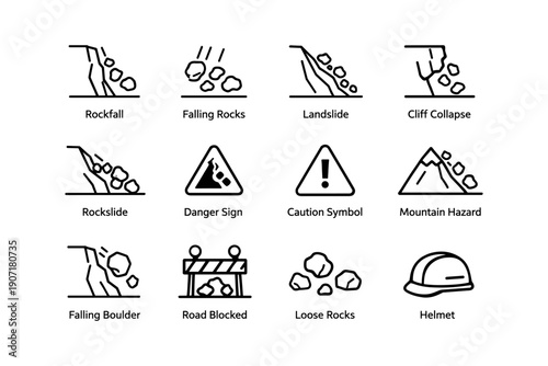 Rockfall and hazard warning icons including falling rocks landslide and safety symbols