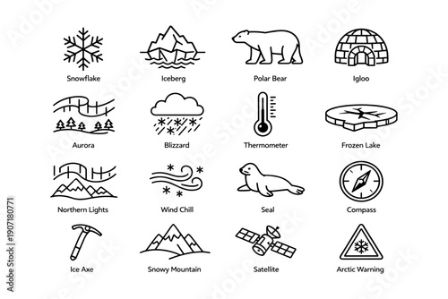 Polar icons: snowflake, iceberg, polar bear, igloo, aurora, compass