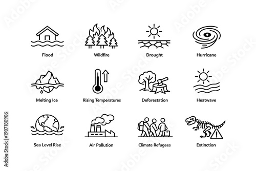 Climate change icons: flood, wildfire, drought, hurricane, melting ice, rising temperatures, deforestation, heatwave, sea level rise, air pollution, climate refugees, extinction
