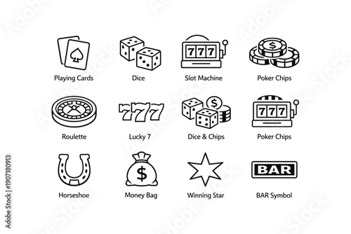 Casino symbols collection: playing cards, dice, slot machine, poker chips, roulette, lucky 7