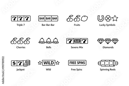 Slot machine symbols: triple 7, bar, fruits, lucky icons, jackpot