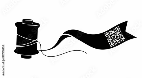 Spool of thread unwinding into a banner with a QR code