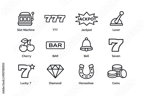 Slot machine symbols: jackpot, 777, lucky 7, lever, cherry, bar, bell, diamond, horseshoe, coins