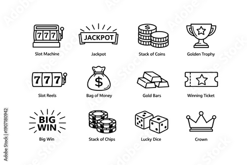 Casino icons set with slot machine, jackpot, coins, and dice