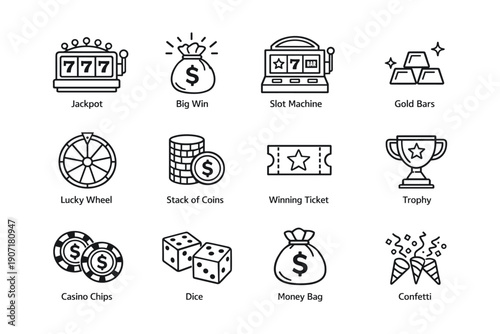 Casino icons: slot machine, jackpot, gold bars, dice, money bag, trophy