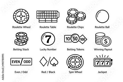 Casino game icons: roulette, chips, tokens, and jackpot symbols