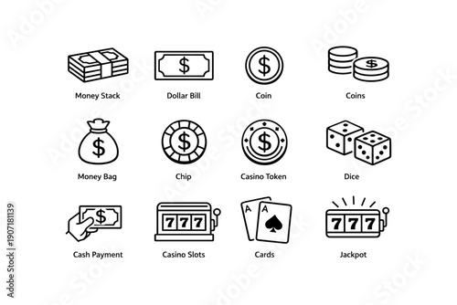 Casino icons set featuring money, coins, chips, slot machine, dice, cards, jackpot