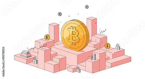 A prominent golden Bitcoin coin rests on a complex isometric structure of pink blocks, surrounded by dollar coins, padlocks, and financial graphs indicating market activity.