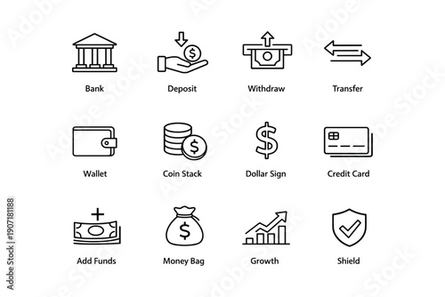Finance and banking icons set featuring wallet, money bag, growth chart, and shield symbols