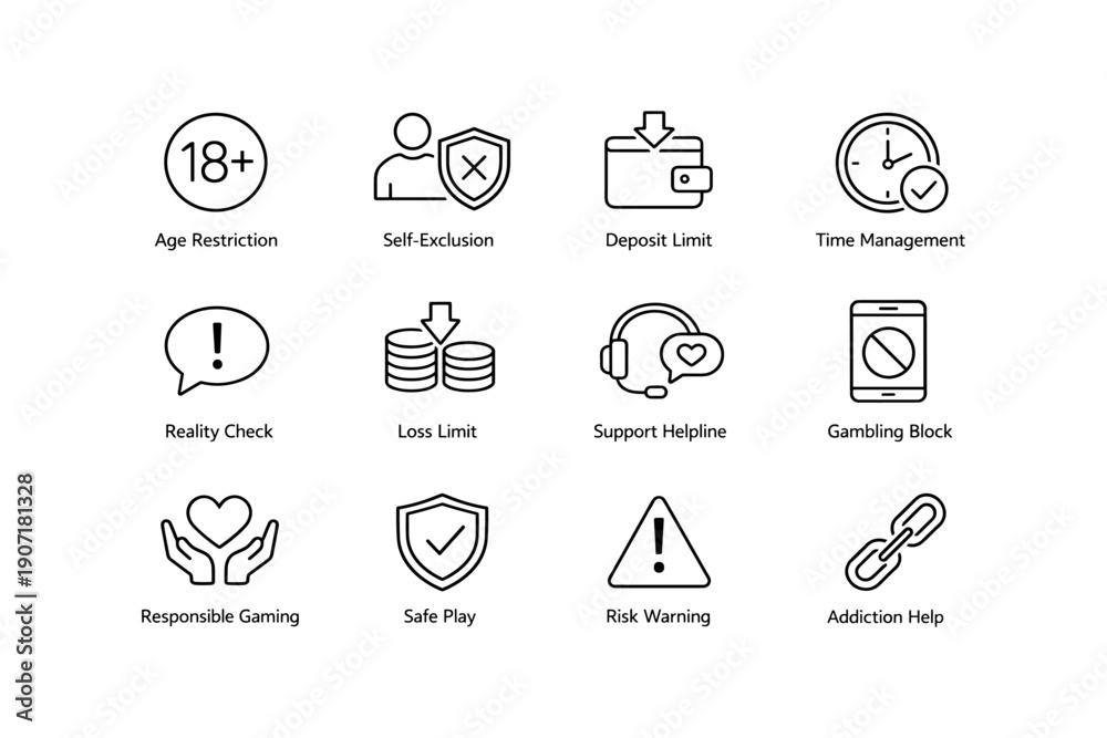 Fototapeta premium Responsible gaming icons: age restriction, self-exclusion, deposit limit, support helpline, gambling block