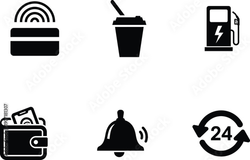 Black icons of payment wallet with card take out coffee cup electric gas pump open wallet with cash and phone ringing bell and 24 hour cycle
