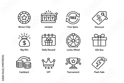 Casino icons set: bonus chip, jackpot, free spins, discount, big win, daily reward, lucky wheel, gift box