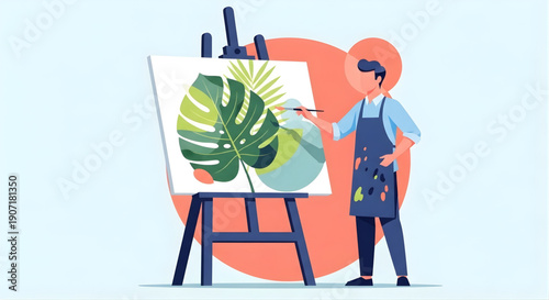 Artist painting vibrant tropical leaves on canvas