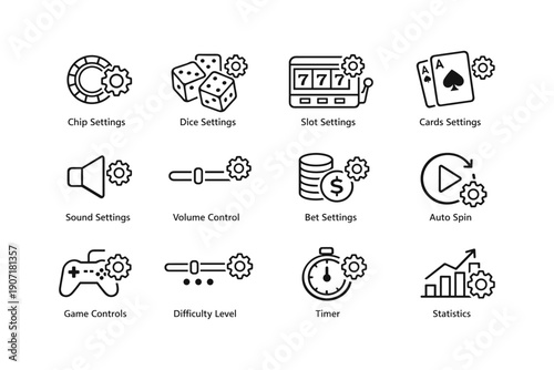 Casino game settings icons: dice, slot, cards, sound, volume, bet, spin, controls, timer, statistics