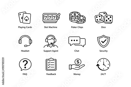 Casino gaming icons: cards, slot machine, poker chips, dice, support, security