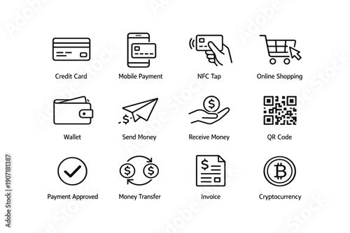 Digital payment icons: credit card, mobile, wallet, online shopping, qr code, cryptocurrency