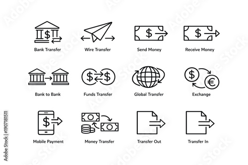 Finance icons: transfers, payments, exchange, global money transactions