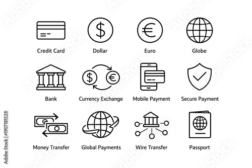 Financial symbols collection: credit, currency, payment, exchange, security