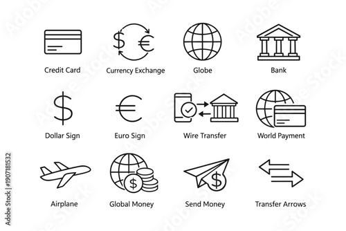 Financial icons including currency exchange, globe, bank, and payment symbols
