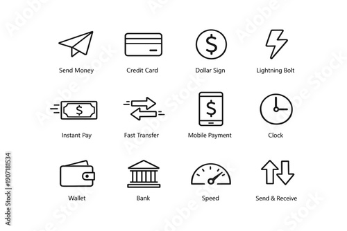 Financial icons set: money, payment, bank, speed, transfer
