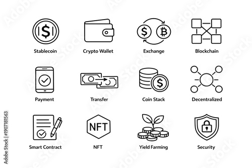 Cryptocurrency icons: stablecoin, blockchain, crypto wallet, smart contract, nft, security